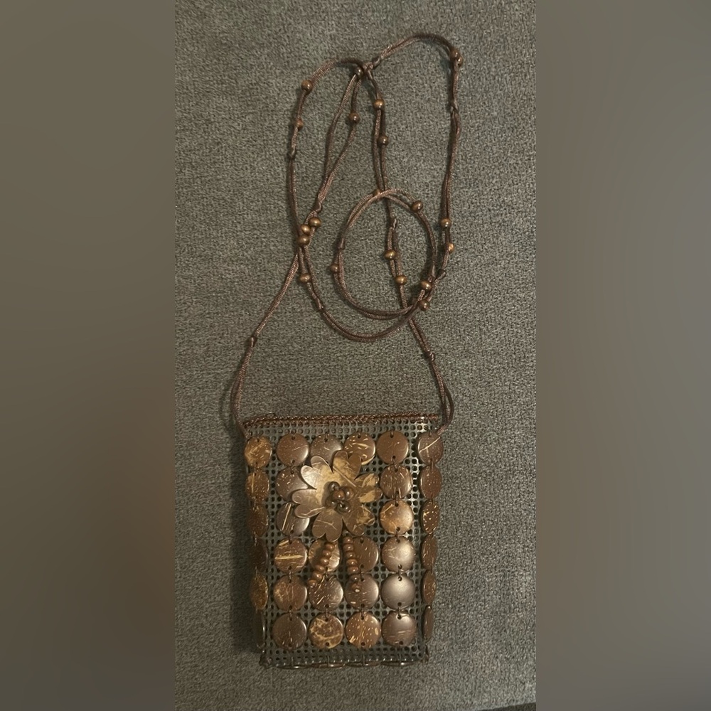 Coconut Shell Satchel Crossbody Purse With A Flower Accent 6” X 5” Strap 25”